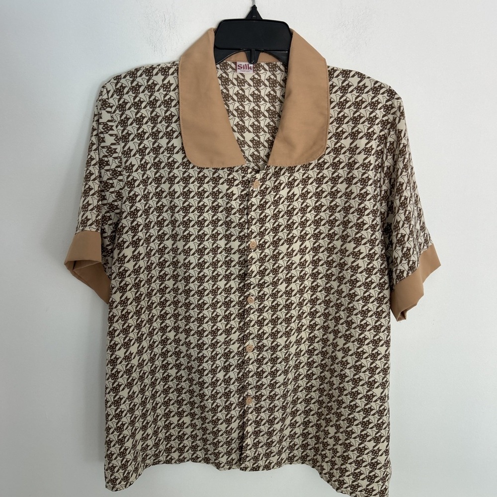 Women's 100% Silk Button Up Collared Short Sleeve Brown Beige X Large Blouse